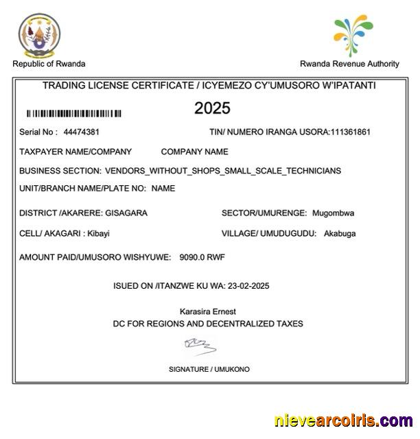 Rwanda trading license certificate
